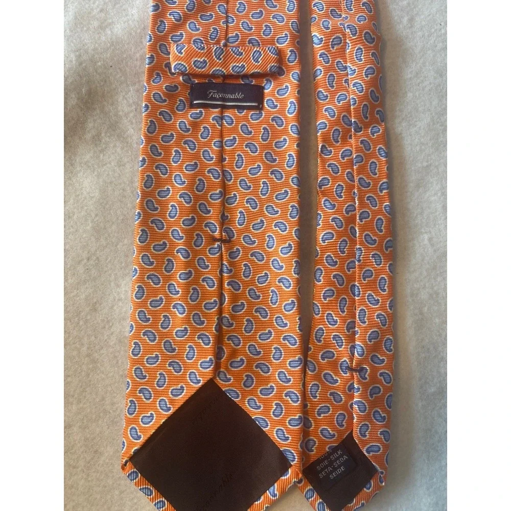Faconnable Silk Tie Mens One Size Orange Paisley Hand Finished France